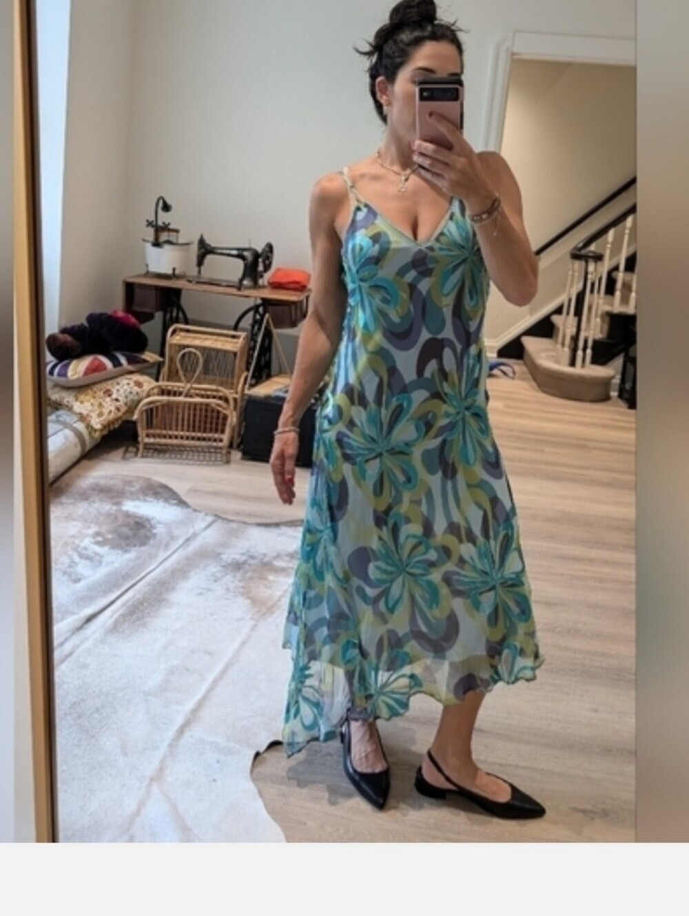 Planet V-Neck Floral Maxi Dress Blue Green Silk